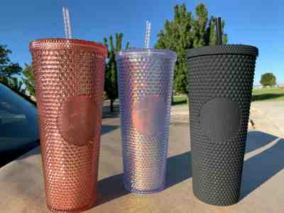 Starbucks trio of three studded tumblers in black matte, iridescent, and rose - Sold on eBay Nov, 10th 2019 for $205.00