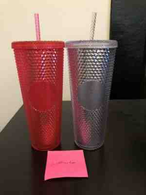 2 Starbucks Holiday 2019 Venti Studded Tumblers Cups Platinum +Neon Pink IN HAND - Sold on eBay Nov, 10th 2019 for $59.00