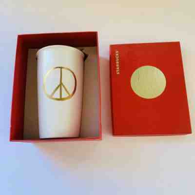 2015 Starbucks Gold Peace Sign White Holiday 12OZ Ceramic Travel Mug WITH BOX - Sold on eBay Nov, 10th 2019 for $29.99