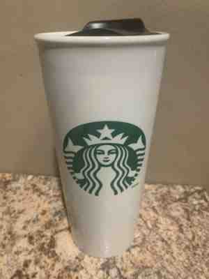STARBUCKS Ceramic Travel Cup Tumbler 16 oz 2014 EUC White Green - Sold on eBay Nov, 10th 2019 for $35.00