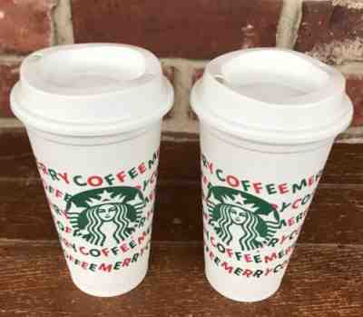 Lot of 2 Starbucks 2019 Holiday Reusable Hot Cup 16 oz Plastic Cup Merry Coffee - Sold on eBay Nov, 10th 2019 for $18.97