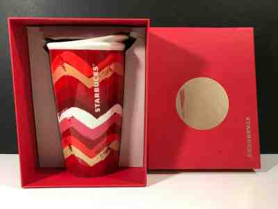 Starbucks Ceramic Travel Mug Zig Zag Stripes 2014 10 oz Box Lid Chevron Button - Sold on eBay Nov, 9th 2019 for $24.95