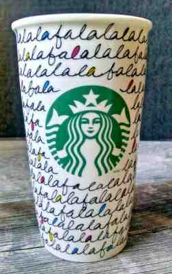 Starbucks 2011 FaLaLa Holiday Christmas Ceramic Travel Mug Cup Tumbler 12 oz - Sold on eBay Nov, 9th 2019 for $15.99