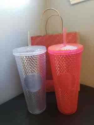 2 -Holiday Starbucks 2019 Glitter Bling Iridescent PINK + SILVER Studded Tumbler - Sold on eBay Nov, 9th 2019 for $74.00