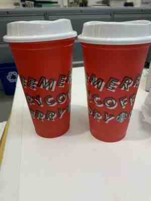 (2)Starbucks 2019 Holiday Reusable Red Hot Cup Grande 16 oz Plastic Merry Coffee - Sold on eBay Nov, 9th 2019 for $15.00