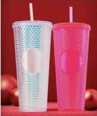 2 NEW STARBUCKS 2019  HOLIDAY NEON HOT PINK & PLATINUM STUDDED - Sold on eBay Nov, 9th 2019 for $78.99