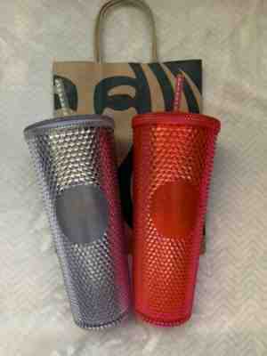 2 STARBUCKS 2019 FALL HOLIDAY Cup Tumbler Both Neon Pink & Platinum Set Silver - Sold on eBay Nov, 9th 2019 for $60.00