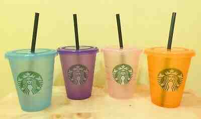 STARBUCKS Plastic Reusable GRANDE COLORED COLD CUPS - set of 4 - green straws