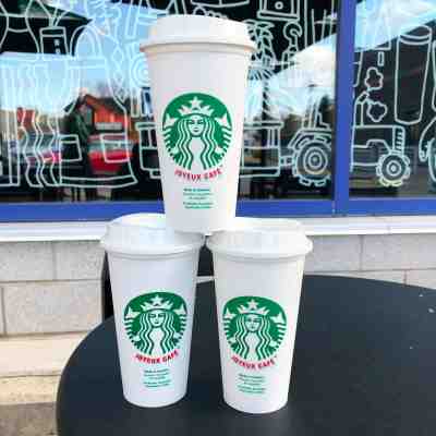 3 Starbucks Joyeux Cafe Reusable Cup Quebec Canada French Christmas Holiday - Sold on eBay Nov, 8th 2019 for $50.00