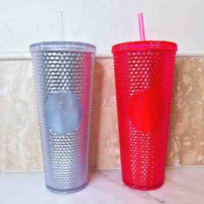 2 Starbucks Holiday 2019 Venti Studded Tumblers Cups Platinum +Neon Pink IN HAND - Sold on eBay Nov, 8th 2019 for $47.00