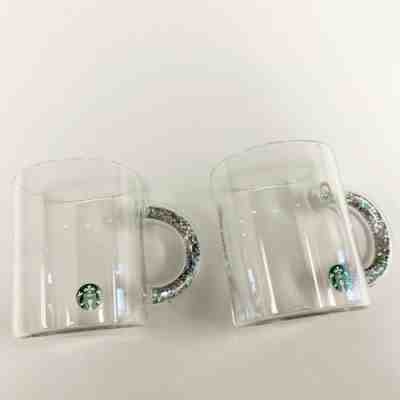 Starbucks Clear Glass Mugs With Silver Glitter in Handle Set of 2 NEW 2019 Hot 