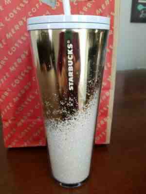 NEW STARBUCKS 2019  Gold &White Cascading Snow Tumbler WINTER HOLIDAY Cup  - Sold on eBay Nov, 8th 2019 for $44.99