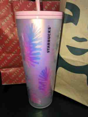 Starbucks 2019 Holiday Holographic Iridescent Palm Leaf 24 Oz Tumbler Pink Rare - Sold on eBay Nov, 8th 2019 for $43.00