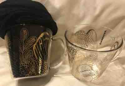 Set Of TWO Fall 2019 STARBUCKS Clear Glass Cups Gold Floral Butterfly Mugs 14oz - Sold on eBay Nov, 7th 2019 for $69.00
