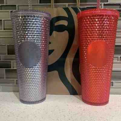 2 Starbucks Holiday 2019 Venti Studded Tumblers Cups Platinum +Neon Pink IN HAND - Sold on eBay Nov, 7th 2019 for $60.00