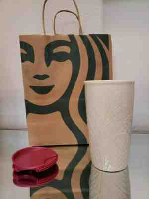 Starbucks 2019 White Ceramic Floral Embossed Travel Tumbler Mug w/ Lid - Sold on eBay Nov, 7th 2019 for $25.00