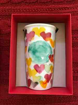 BRAND NEW STARBUCKS 2015 WATERCOLOR HEARTS CERAMIC MUG 10 oz TRAVEL TUMBLER NIB! - Sold on eBay Nov, 7th 2019 for $36.99