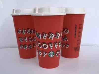 THREE Starbucks 2019 Red Reusable Cup Grande 16oz MERRY COFFEE Christmas - Sold on eBay Nov, 7th 2019 for $29.99