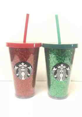 Starbucks Red & Green Glitter 16oz Cold Cups Tumbler With Straw Holiday 2018 NEW - Sold on eBay Nov, 6th 2019 for $35.00