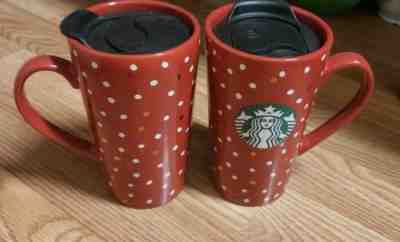 LOT 2 Starbucks Ceramic 14 oz Coffee Cup Travel Mug Lid Red Polka Dots 2018 New - Sold on eBay Nov, 6th 2019 for $19.99