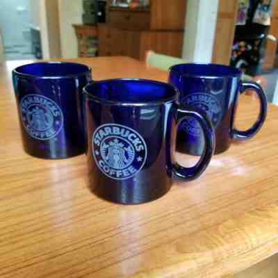 Starbucks Cobalt Blue Glass Coffee Mugs (set of 3) Etched Glass Mermaid Logo  - Sold on eBay Nov, 6th 2019 for $42.95
