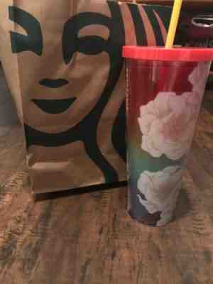 Starbucks 24 Oz Tumbler. Rainbow Background With Flowers. Red Lid - Sold on eBay Nov, 6th 2019 for $39.00
