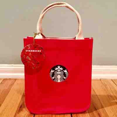 NWT STARBUCKS 2018 HOLIDAY CANVAS TOTE BAG CHRISTMAS RED w/ FESTIVE PATTERN - Sold on eBay Nov, 6th 2019 for $22.00
