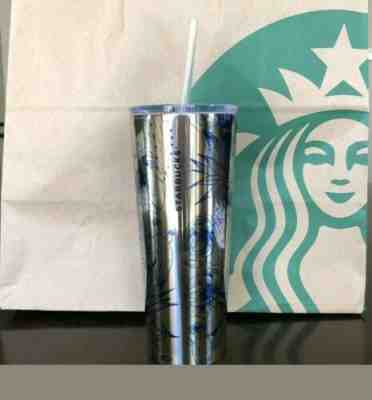 New Rare Starbucks Stainless Steel Silver With Blue Cactus Flower Desert 16 Oz - Sold on eBay Nov, 15th 2019 for $16.00