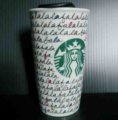 Starbucks Falala Travel Mug Holiday Christmas 2011 Tumbler Double Wall Ceramic - Sold on eBay Nov, 15th 2019 for $24.99