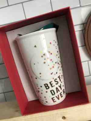 NIB NEW Starbucks BEST DAY EVER Metallic Confetti Ceramic Travel Mug 2015 Rare - Sold on eBay Nov, 15th 2019 for $17.50
