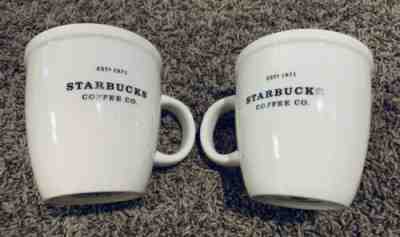 PAIR 2 Starbucks 2007 White Large Coffee Mug Cups Black Lettering Est. 1971 18oz - Sold on eBay Nov, 15th 2019 for $24.95
