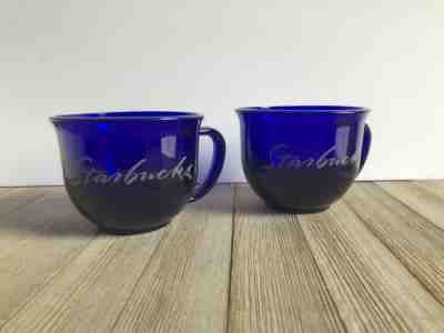 2 Vintage Starbucks Anchor Hocking Cobalt Blue Cursive Script Etched Mug Pair - Sold on eBay Nov, 15th 2019 for $28.00