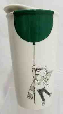 Starbucks Ceramic Travel Tumbler Mug Boy Green Balloon 12 oz Cup 2014 Lid White - Sold on eBay Nov, 14th 2019 for $22.00