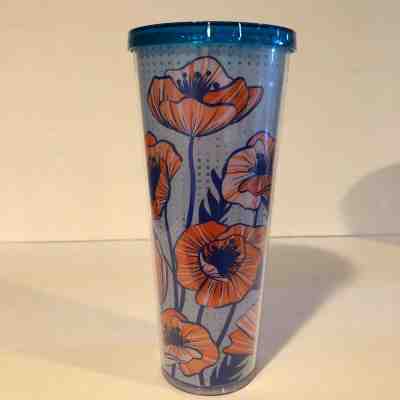STARBUCKS COLD CUP FLORAL ORANGE BLUE POPPIES TUMBLER 24 fl oz - Sold on eBay Nov, 14th 2019 for $19.00