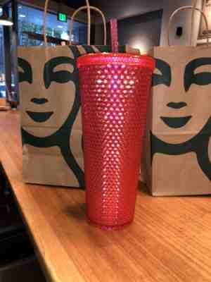 STARBUCKS 2019 Neon Pink Studded Cold Cup Tumbler WINTER HOLIDAY EDITION 24 oz - Sold on eBay Nov, 14th 2019 for $43.00