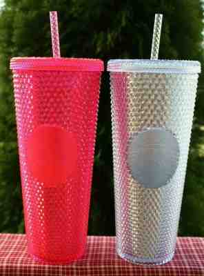 2 STARBUCKS HOLIDAY 2019 VENTI STUDDED TUMBLER CUPS - 1 NEON PINK  1 PLATINUM - Sold on eBay Nov, 14th 2019 for $49.99