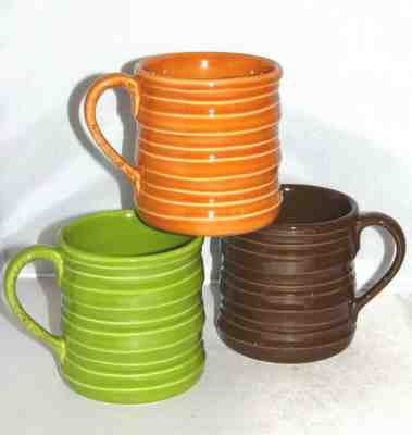 Set of 3 STARBUCKS Brown Green Orange Ribbed 2005 Barrel 12oz. Coffee Mugs Cups  - Sold on eBay Nov, 14th 2019 for $21.24