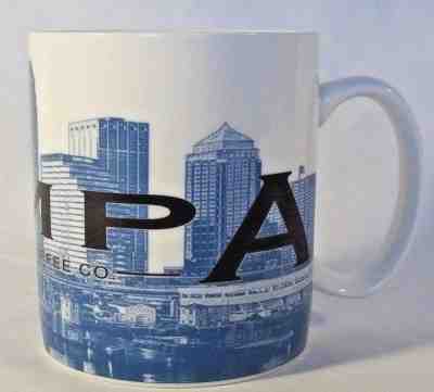 2002 STARBUCKS COFFEE  Mug Blue & White Skyline Series TAMPA The Sunshine City  - Sold on eBay Nov, 14th 2019 for $18.99