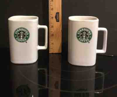 2 Starbucks 2007 White Square Ceramic Coffee Mugs Black Siren Green Logo 2 Sides - Sold on eBay Nov, 14th 2019 for $30.00
