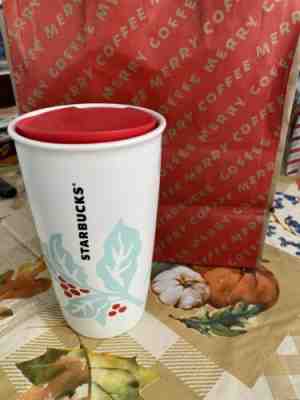 NEW Starbucks Holly Berry Ceramic white Travel Tumbler Cup 12 Oz Holiday 2018 - Sold on eBay Nov, 11th 2019 for $30.00