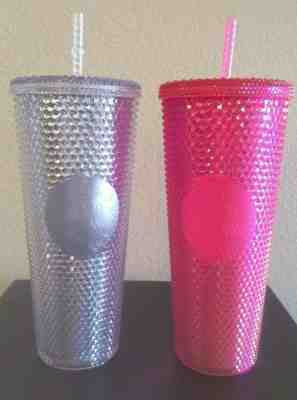 TWO(2) STARBUCKS HOLIDAY 2019 Studded Venti Tumblers Cups Platinum Neon Pink NEW - Sold on eBay Nov, 8th 2019 for $74.99