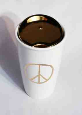 Starbucks PEACE SIGN 12oz Travel Tumbler Limited Edition 2015 Gold Foil with Lid - Sold on eBay Nov, 7th 2019 for $34.95