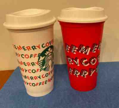 New 2019 Starbucks Set Of Two Reusable Plastic Travel Coffee Cups - Sold on eBay Nov, 7th 2019 for $15.00