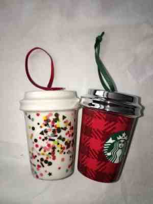 Set Of 2 Starbucks Cups Christmas Ornaments Confetti & Plaid 2015/2016 To Go Cup - Sold on eBay Nov, 7th 2019 for $15.89