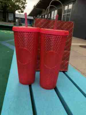 TWO NEW STARBUCKS Neon Pink Studded Cold Cup Tumbler WINTER HOLIDAY 2019 24 oz - Sold on eBay Nov, 7th 2019 for $80.00