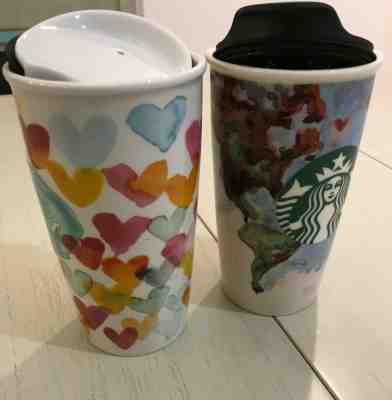 2015 STARBUCKS Hearts 10 oz. & World Map 12 oz Ceramic Tumblers w/Lids - Sold on eBay Nov, 6th 2019 for $20.00