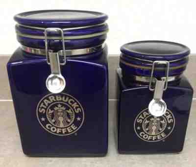 2 STARBUCKS Vintage Beehouse Cobalt Blue Coffee Jar canister Made In Japan - Sold on eBay Nov, 16th 2019 for $36.99