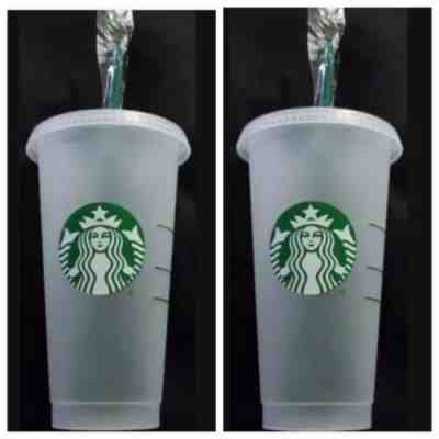 2 Starbucks Reusable Cups Venti 24 oz Frosted Ice Cold Drink W/Lids & Straws NEW - Sold on eBay Nov, 16th 2019 for $15.00