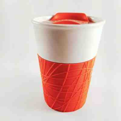 Starbucks 2013 Orange White Ceramic 8 oz Travel Coffee Cup Rubber Grip Sleeve - Sold on eBay Nov, 16th 2019 for $24.99