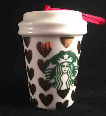 Starbucks Gold Hearts Mini Travel Mug Christmas Ornament 2.5" Tall 2015 - Sold on eBay Nov, 15th 2019 for $16.99